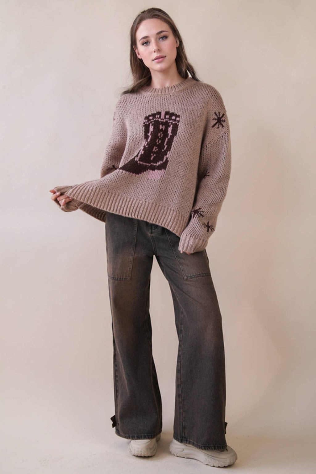 Cowboy Boots Graphic Print Knit Sweater