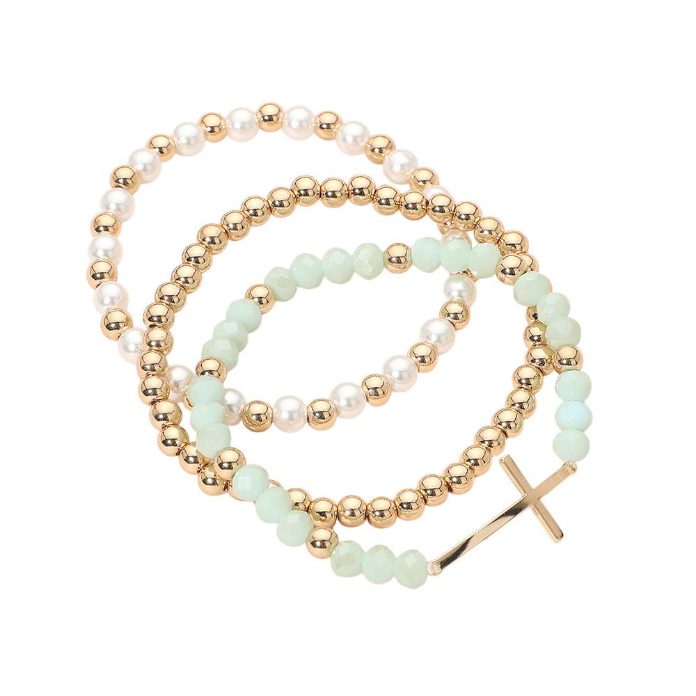3PCS - Cross Charm Pearl Metal Ball Faceted Beaded Stretch Multi Layered Bracelets