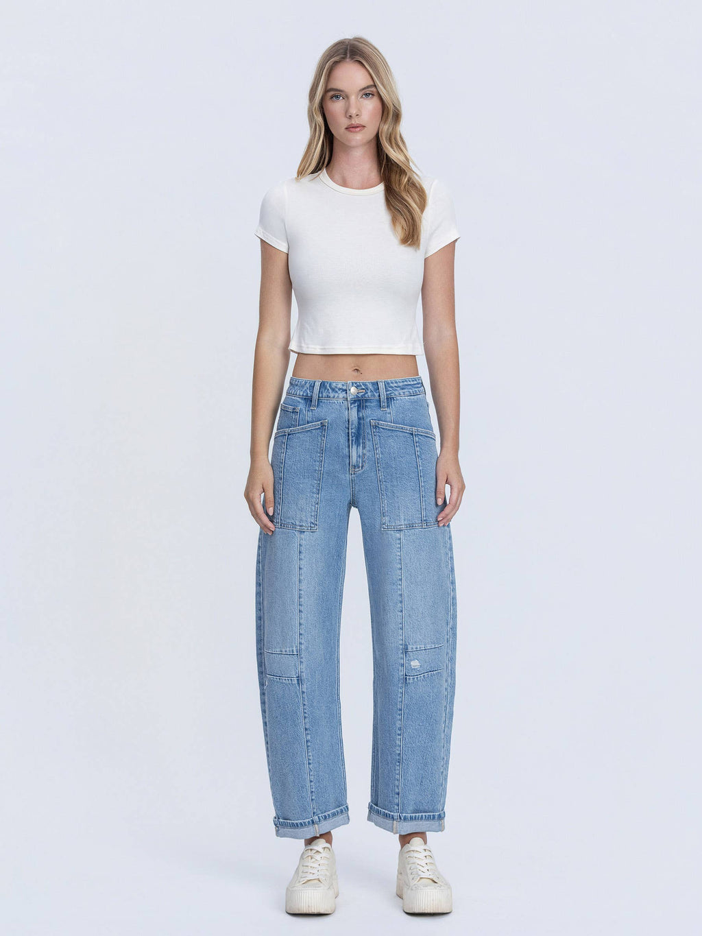 SUPER HIGH RISE PATCH POCKET CUFFED BARREL JEANS F9134