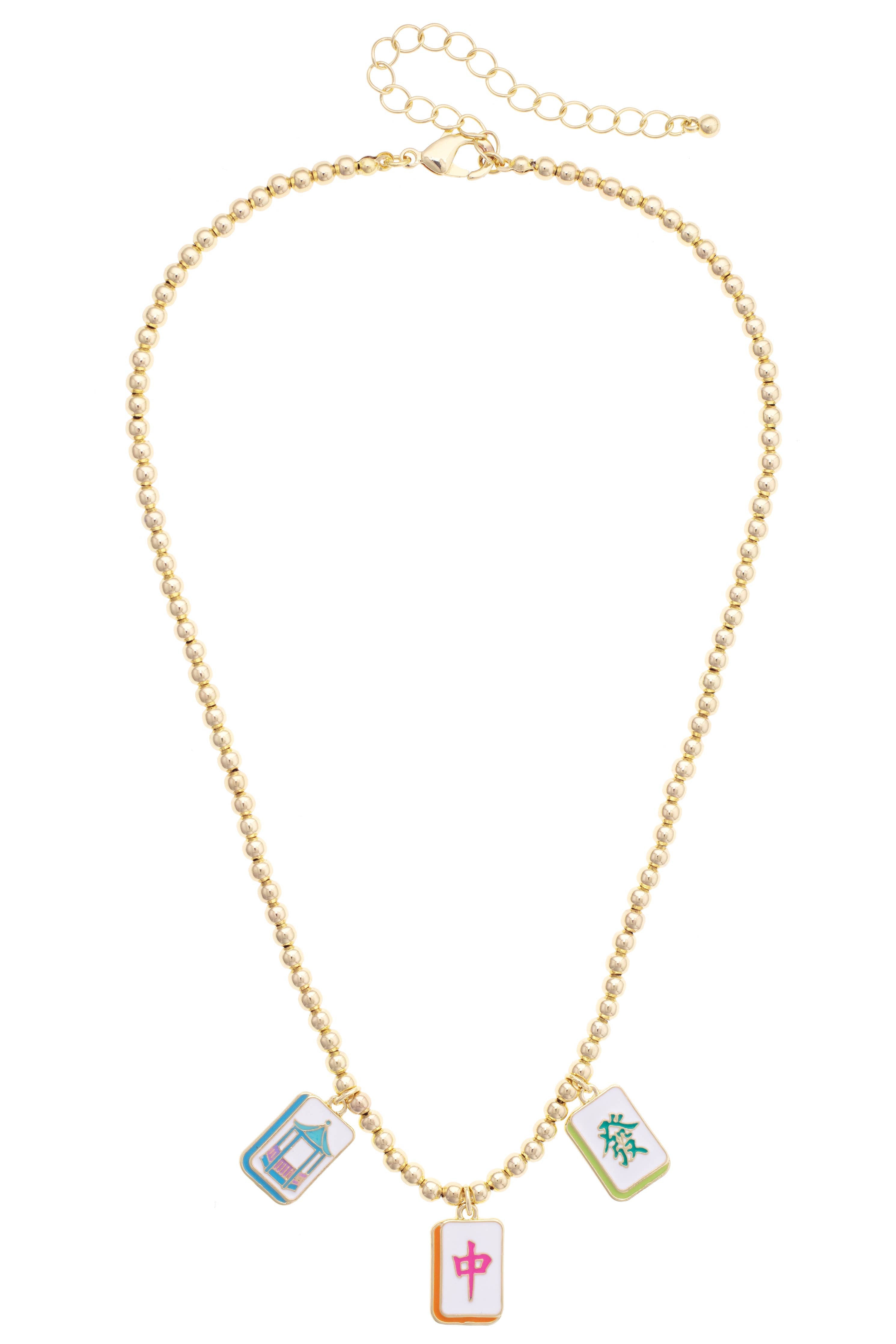 Mahjong Lucky Charms Ball Bead Necklace in Shiny Gold