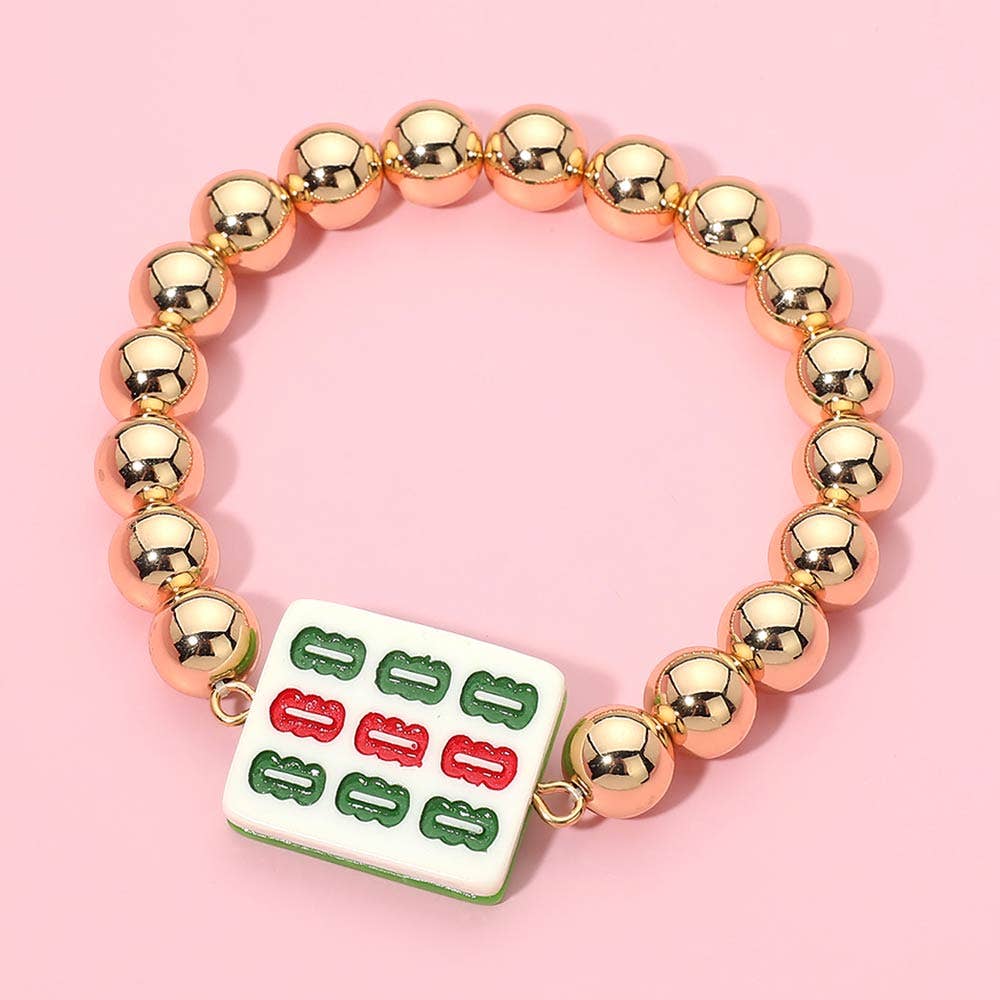 Mahjong Tile Accent Metal Ball Beaded Stretch Bracelet
