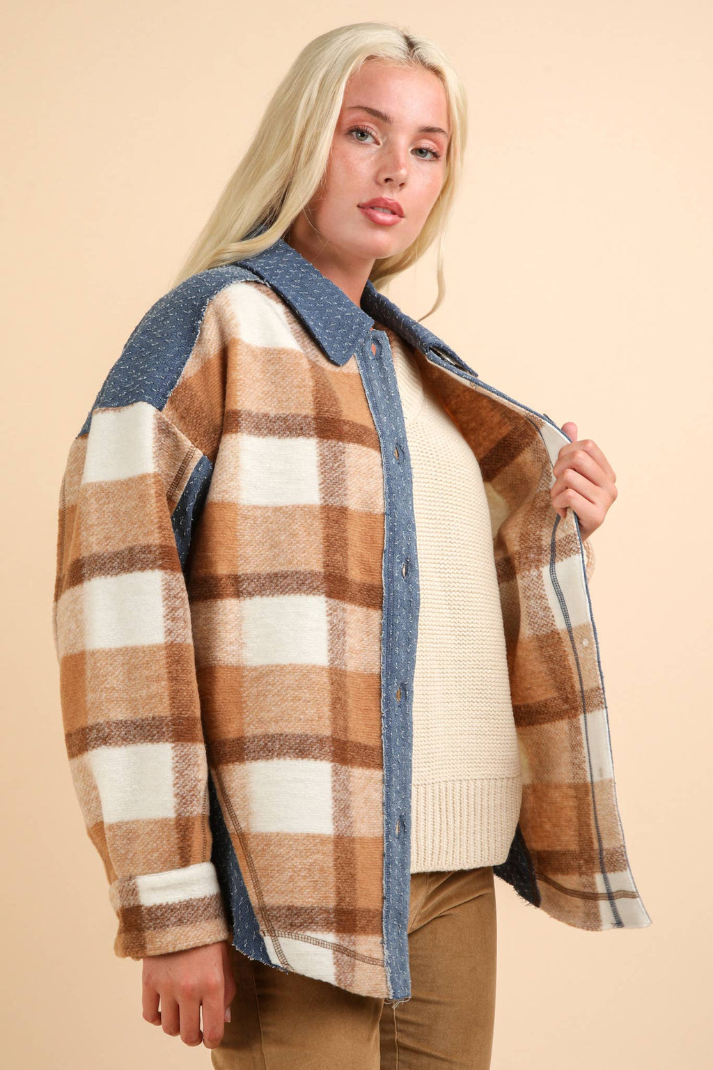 PLUS SIZE Denim Contrast Plaid Shacket Jacket