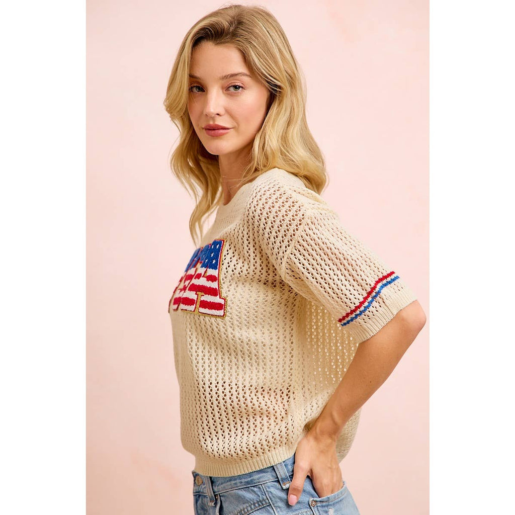 4TH OF JULY USA LETTERING PATHCH OPEN KNIT TOP
