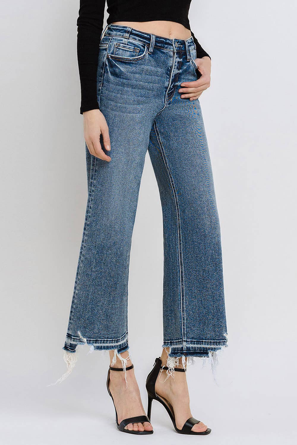 SUPER HIGH RISE UNEVEN RAW HEM CROP WIDE JEANS F5426