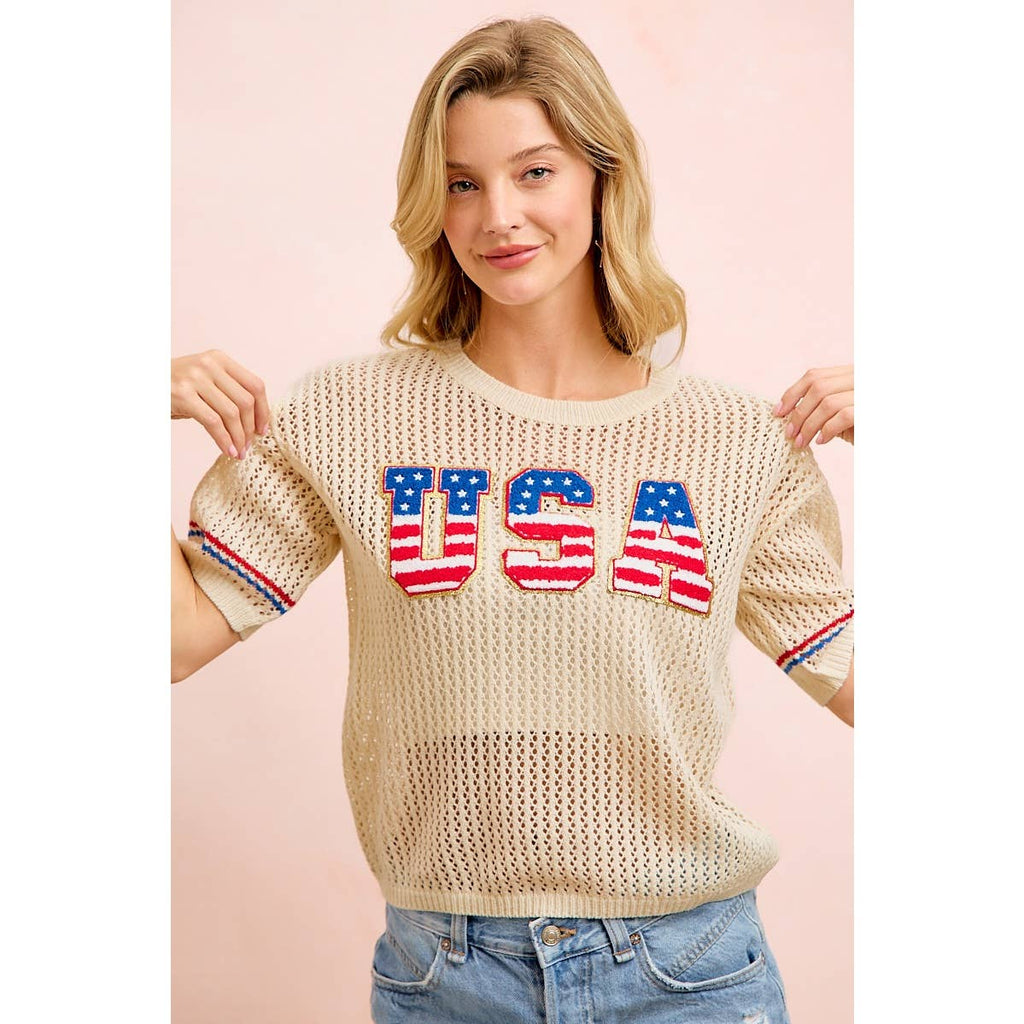4TH OF JULY USA LETTERING PATHCH OPEN KNIT TOP
