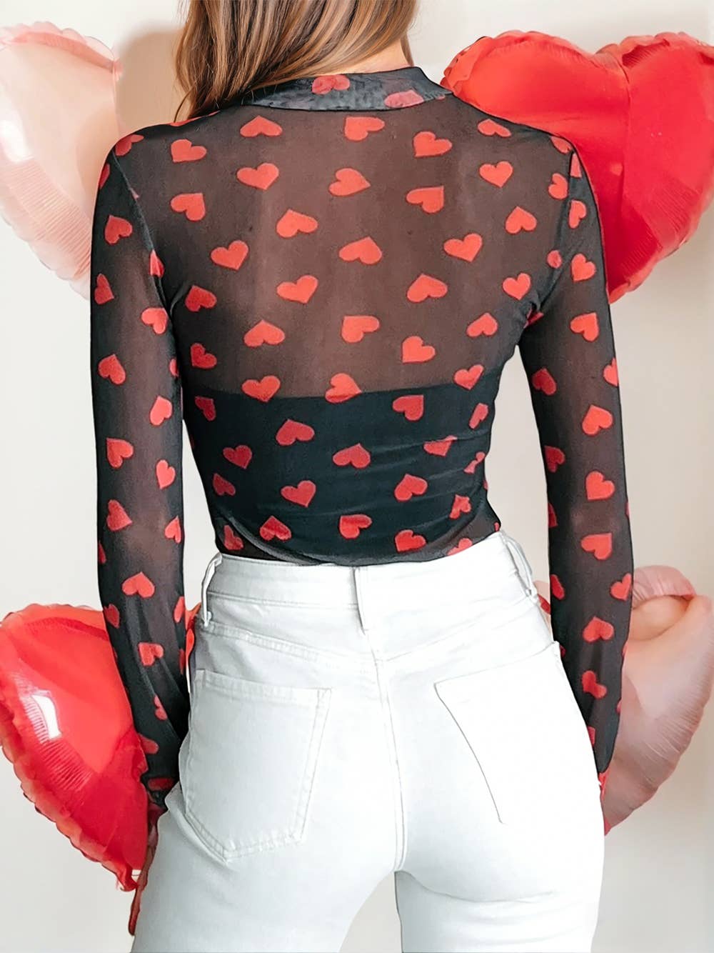 Valentines Heart Printed Sheer Mesh Long Sleeve Top