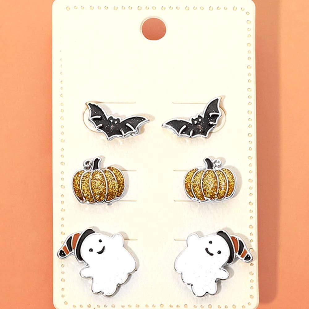 3Pairs - Halloween Bat Pumpkin Ghost Stud Earring Set