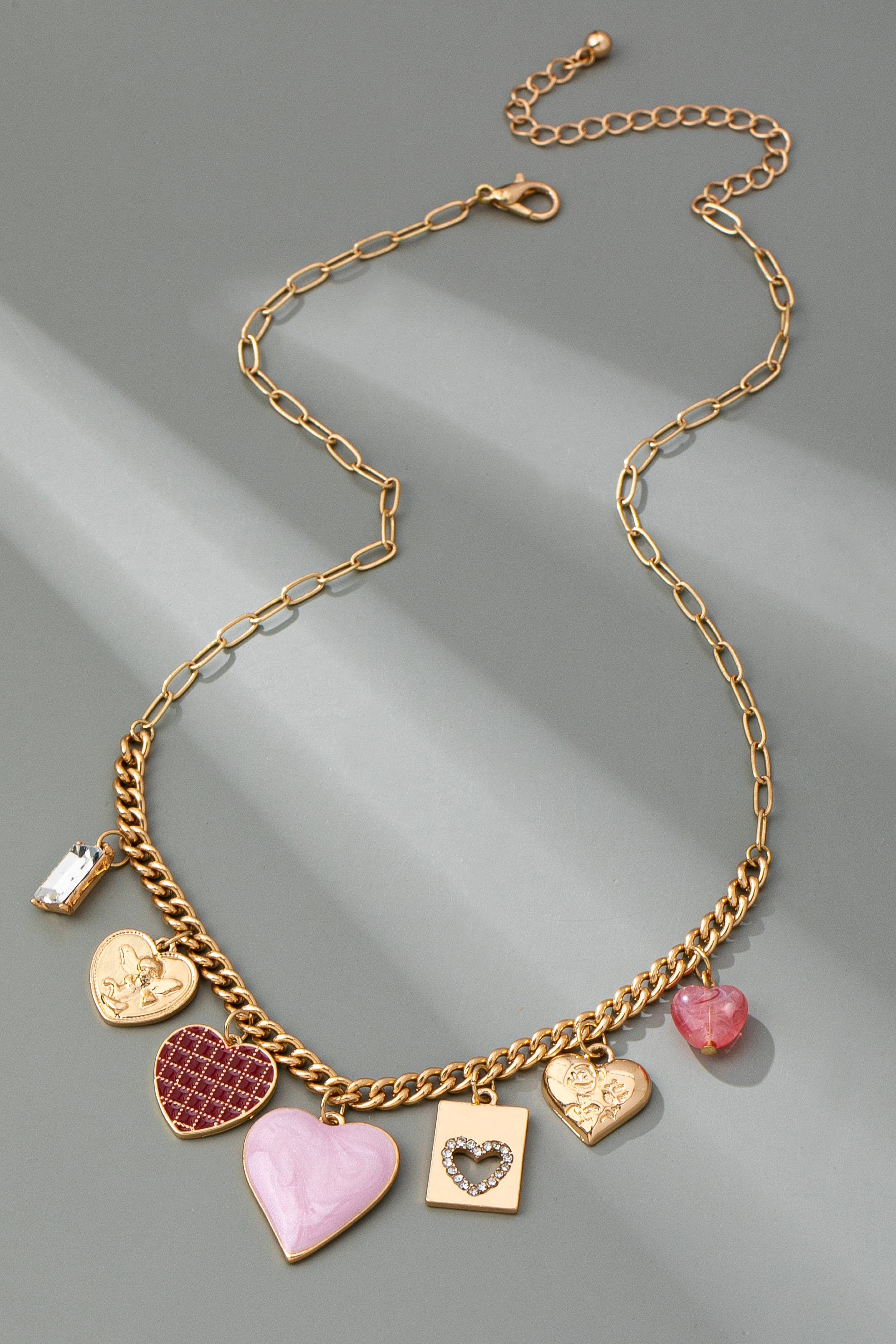 CHARM NECKLACE-HEARTS CHECKER RHINESTONE