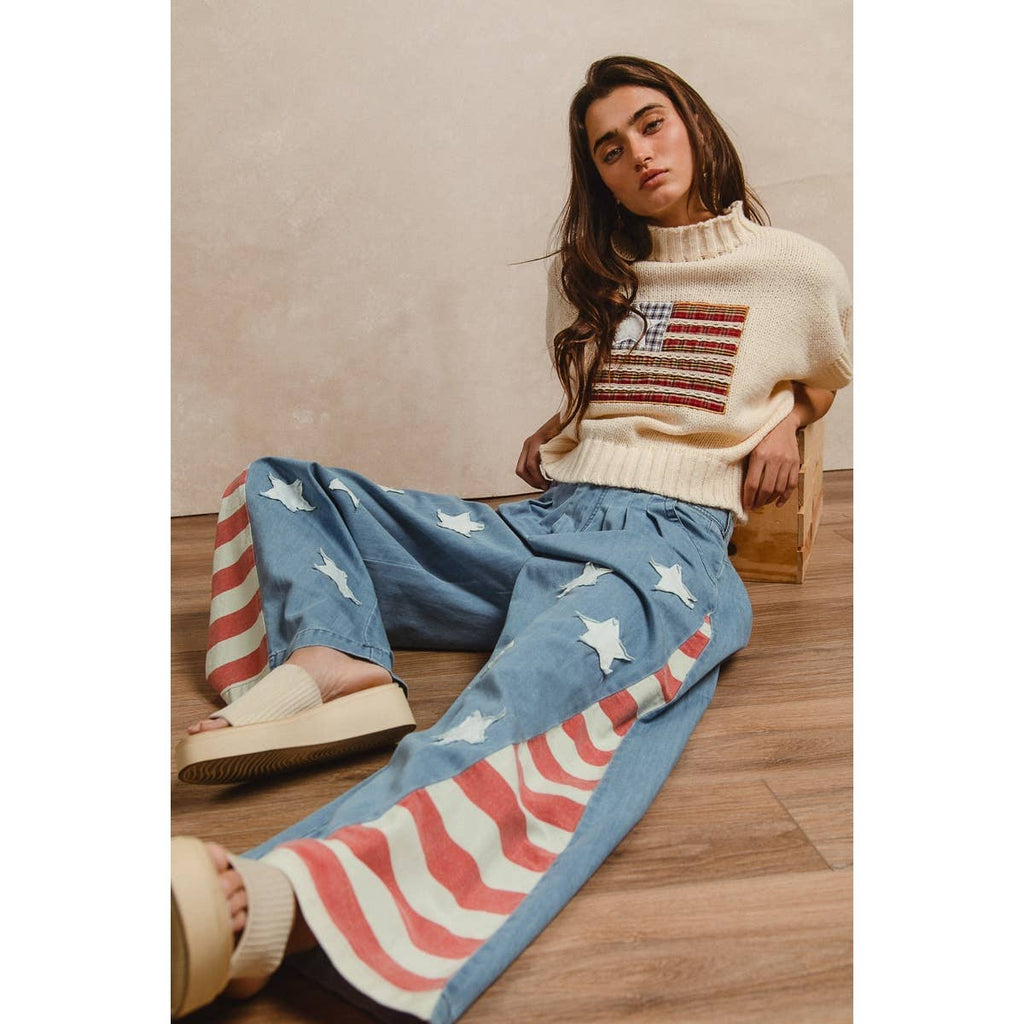 VINTAGE WASHED AMERICAN FLAG STAR CHAMBRAY PANTS