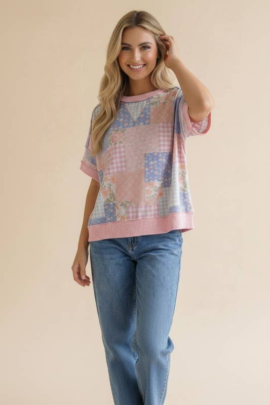 Plus Floral Patchwork Top With Triangle Detail