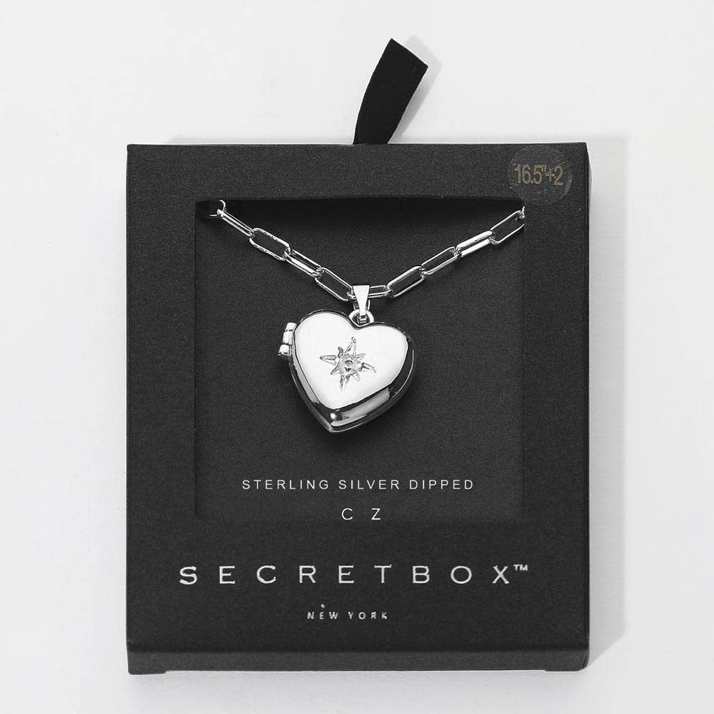 SECRET BOX_14K Gold Dipped CZ Pave Heart Locket Pendant Paperclip Chain Necklace