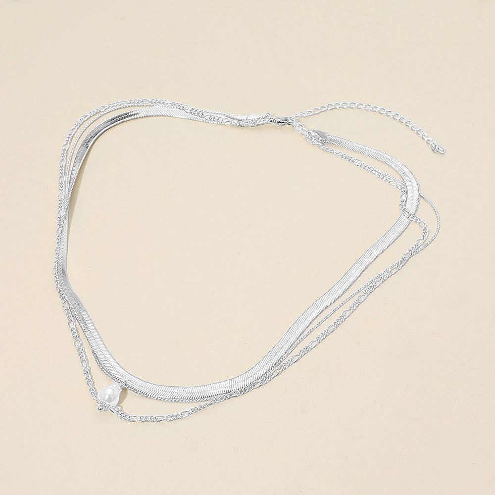 18K Gold Dipped Pearl Accent Herringbone Chain Layered Necklace