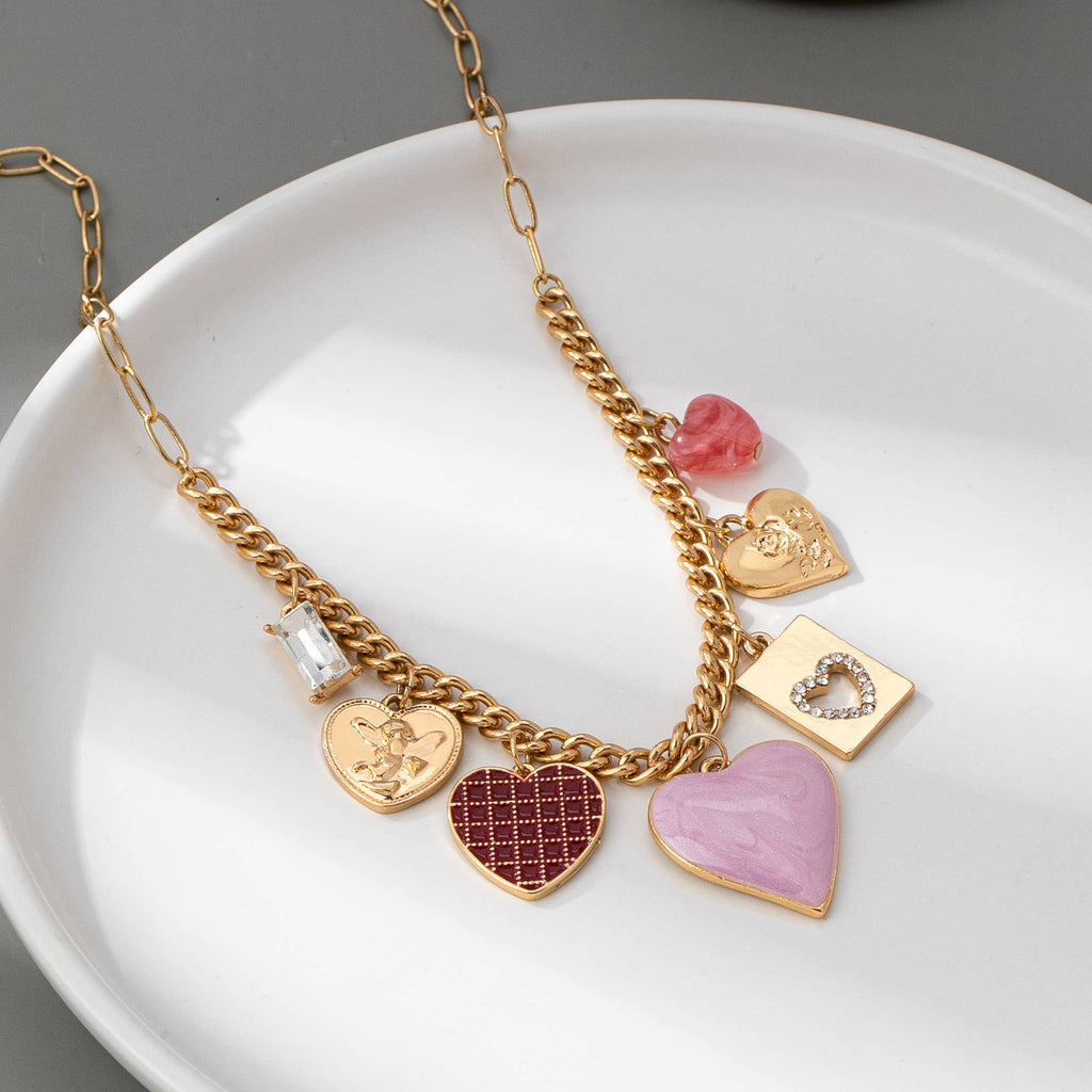CHARM NECKLACE-HEARTS CHECKER RHINESTONE