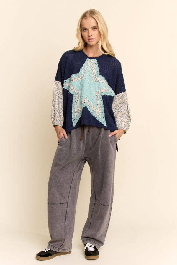 MULTI STAR PATCHWORK DITSY SLEEVE WAFFLE KNIT TOP