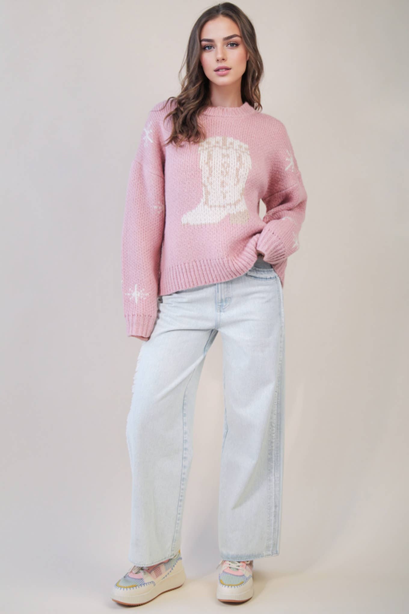Cowboy Boots Graphic Print Knit Sweater