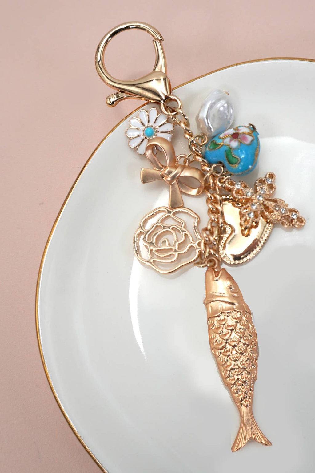 BAG CHARM-OCEAN PORCELAIN HEART FISH CROSS FLOWER