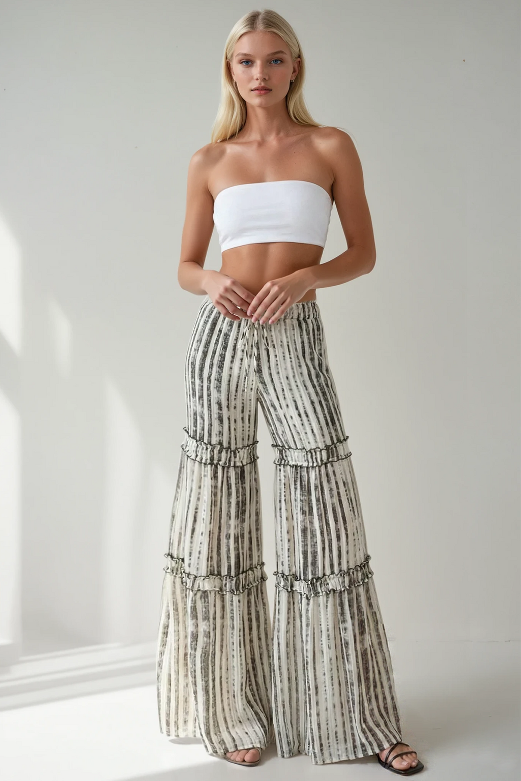 CHIFFON STRIPE PRINT TIERED PALAZZO PANTS