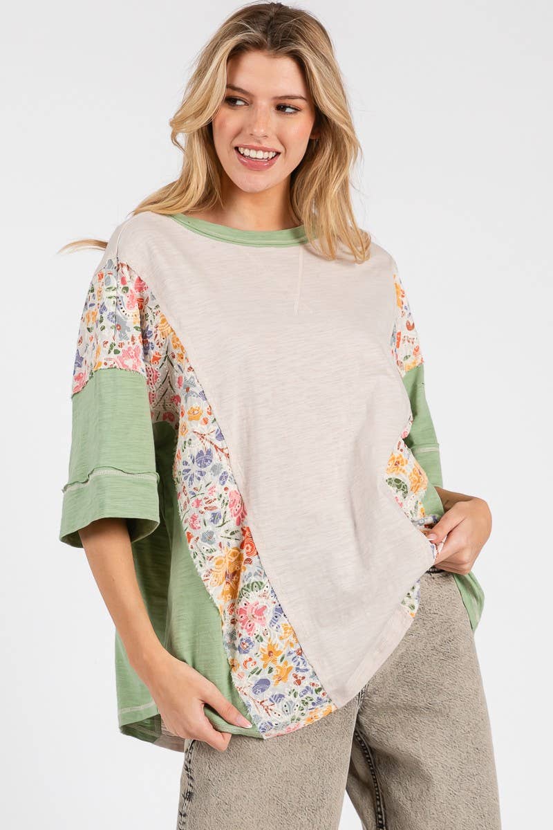 WASHED FLORAL PATCHWORK OVERSIZED CONTRAST TEE