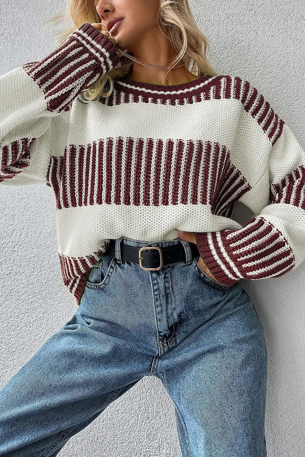 Two Tone Striped Patchwork Drop Shoulder Loose Sweater
