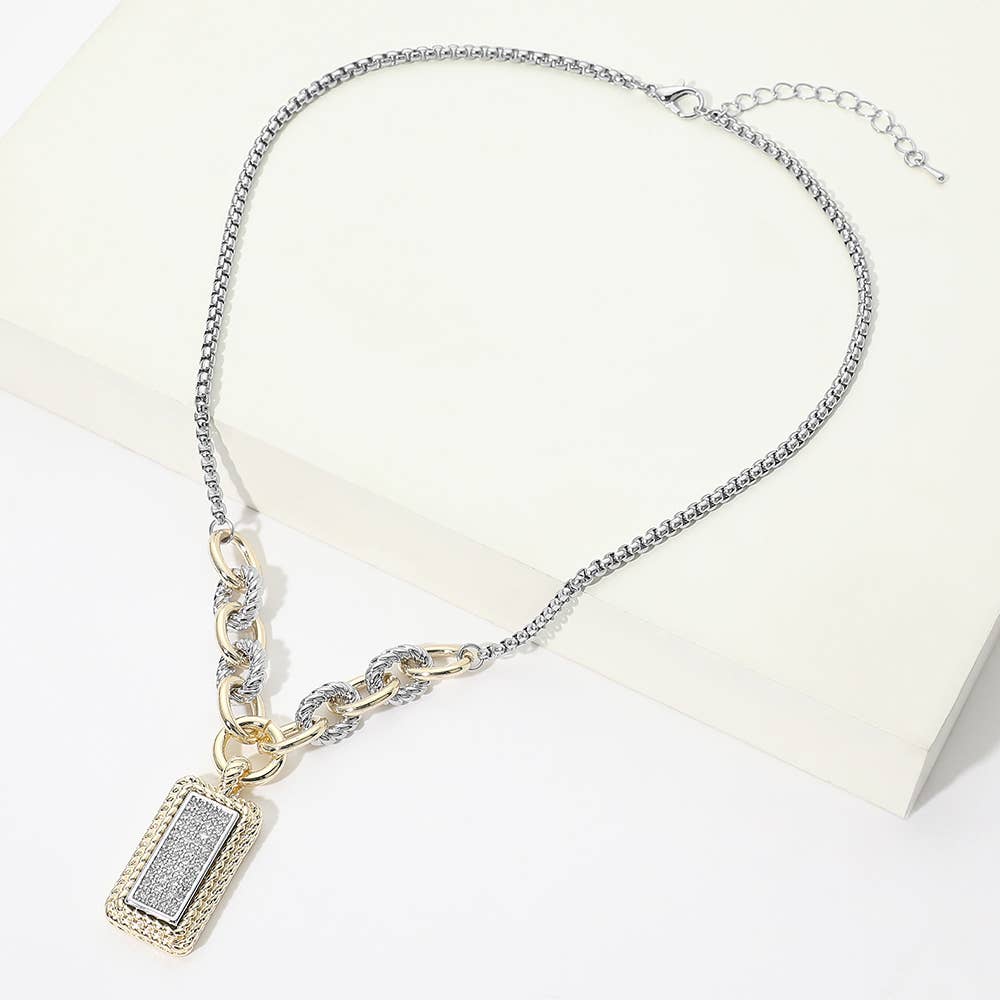 14K Gold Plated Two Tone CZ Pave Rectangle Pendant Necklace