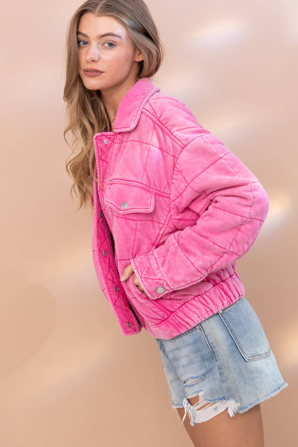 Garment Stone Washed Quilted Pocket Front Jacket