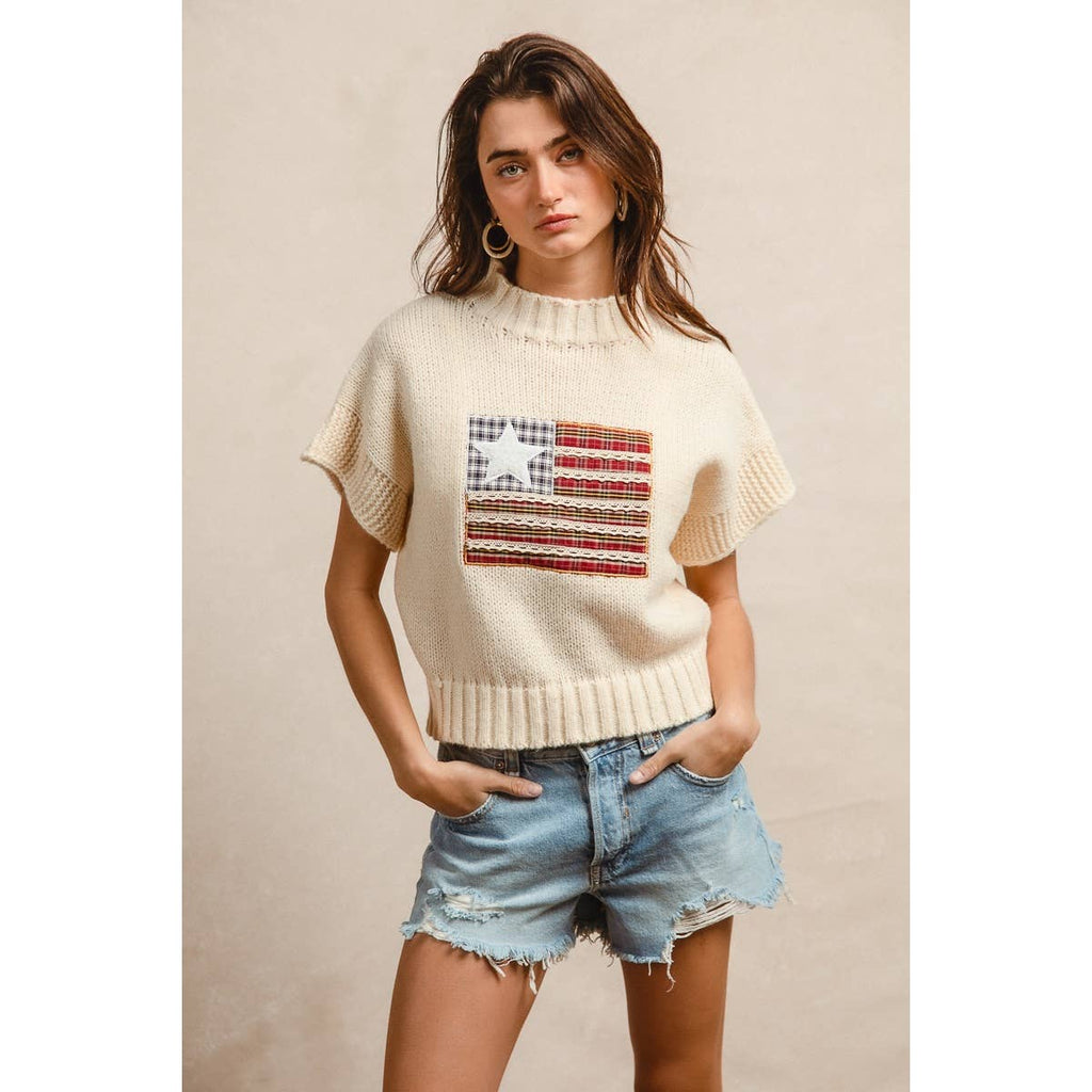 AMERICAN FLAG PATCHWORK DROP SHOULDER SWEATER