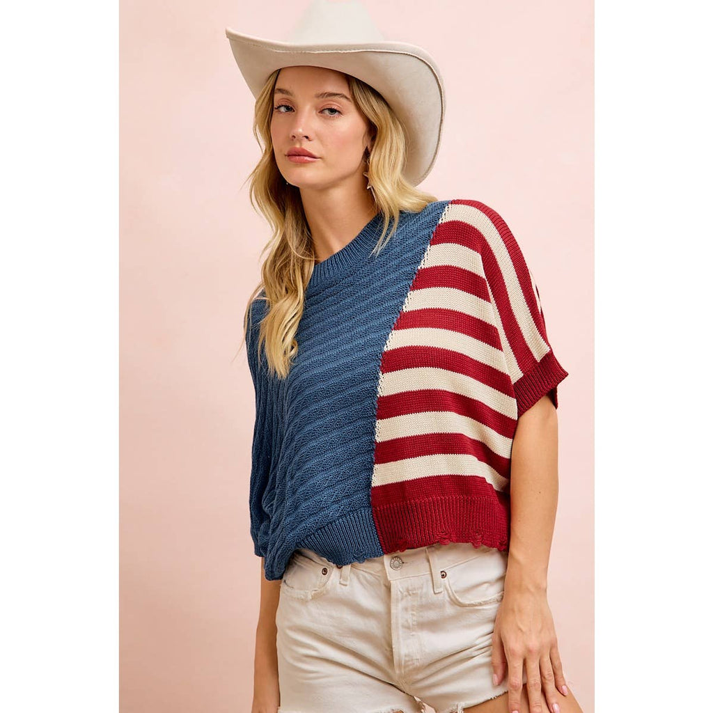 4TH OF JULY DIAGONAL STRIPE BLOCK TEXTURED KNIT TOP