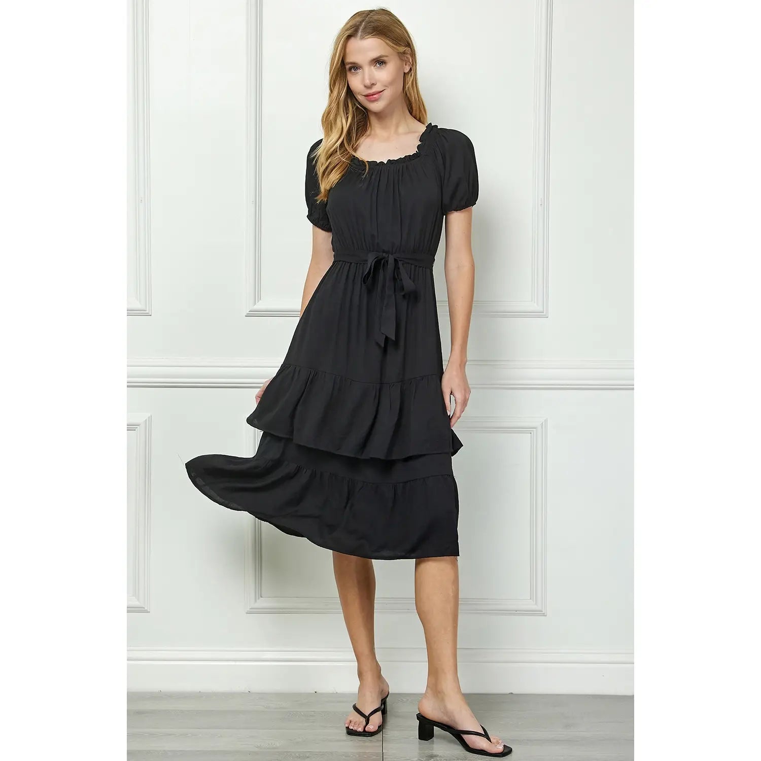 LINEN DOUBLE TIER PUFF SLEEV DRESS