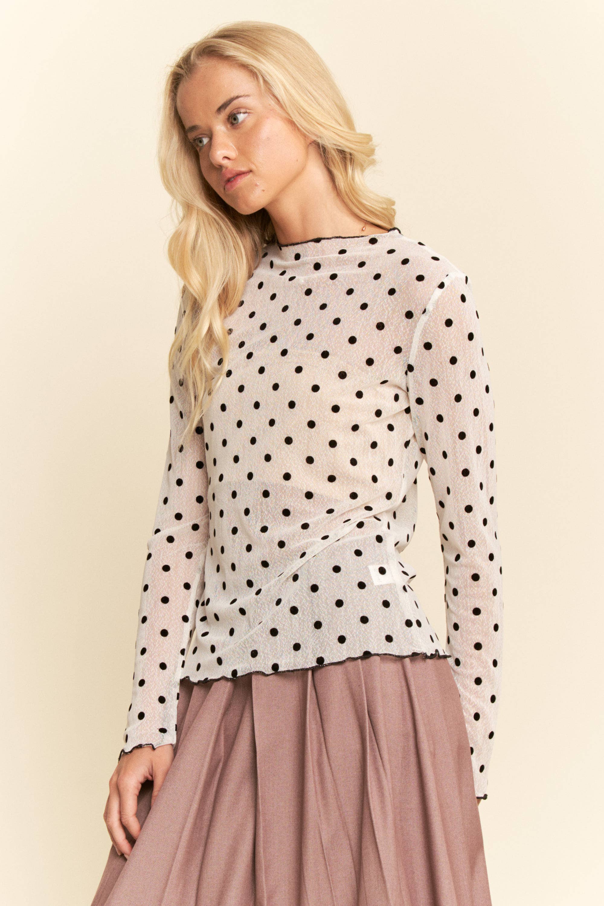 Polka Sheer long-sleeve mesh top