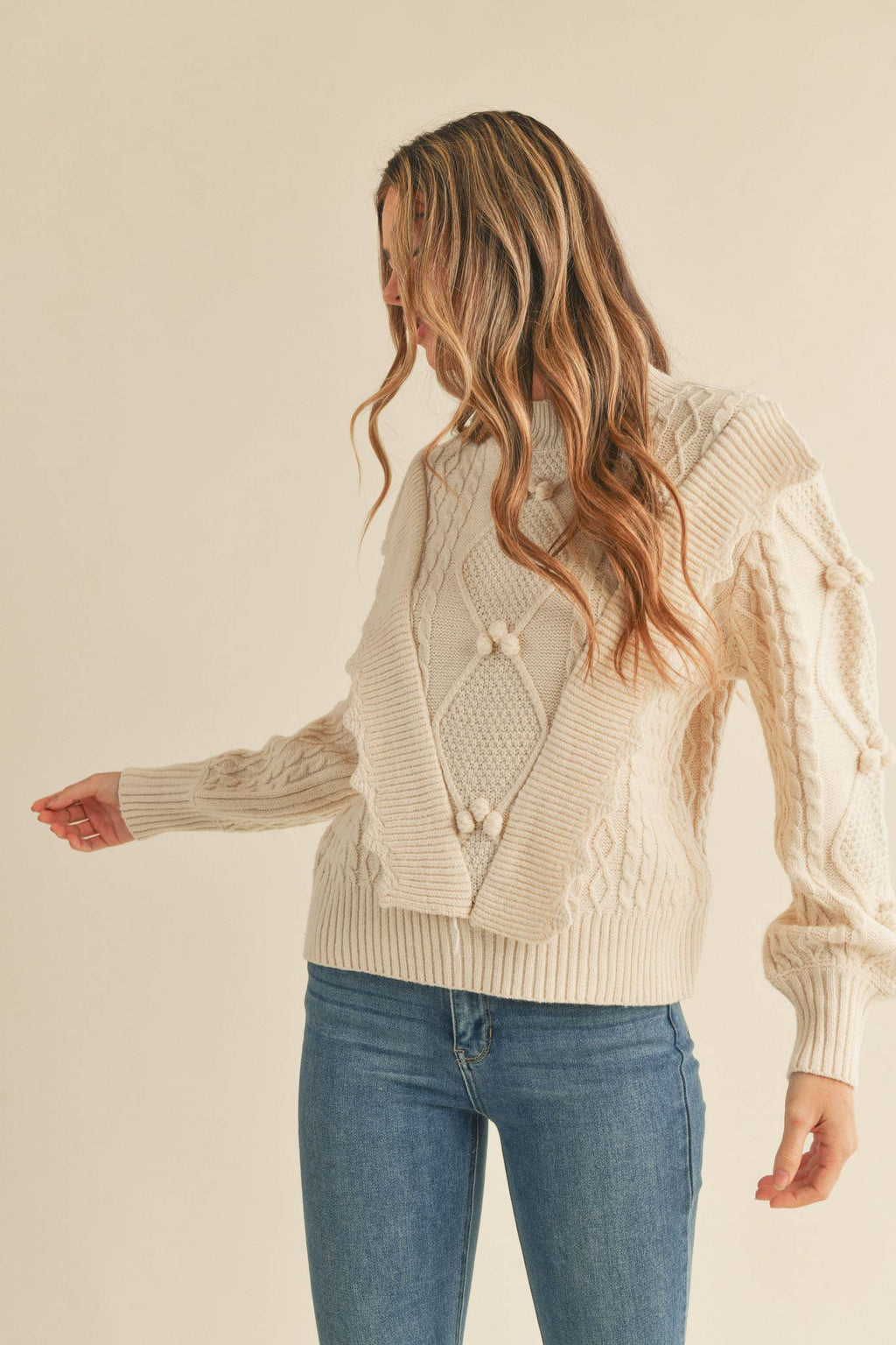 MOCK NECK CABLE KNIT PULLOVER WITH POM