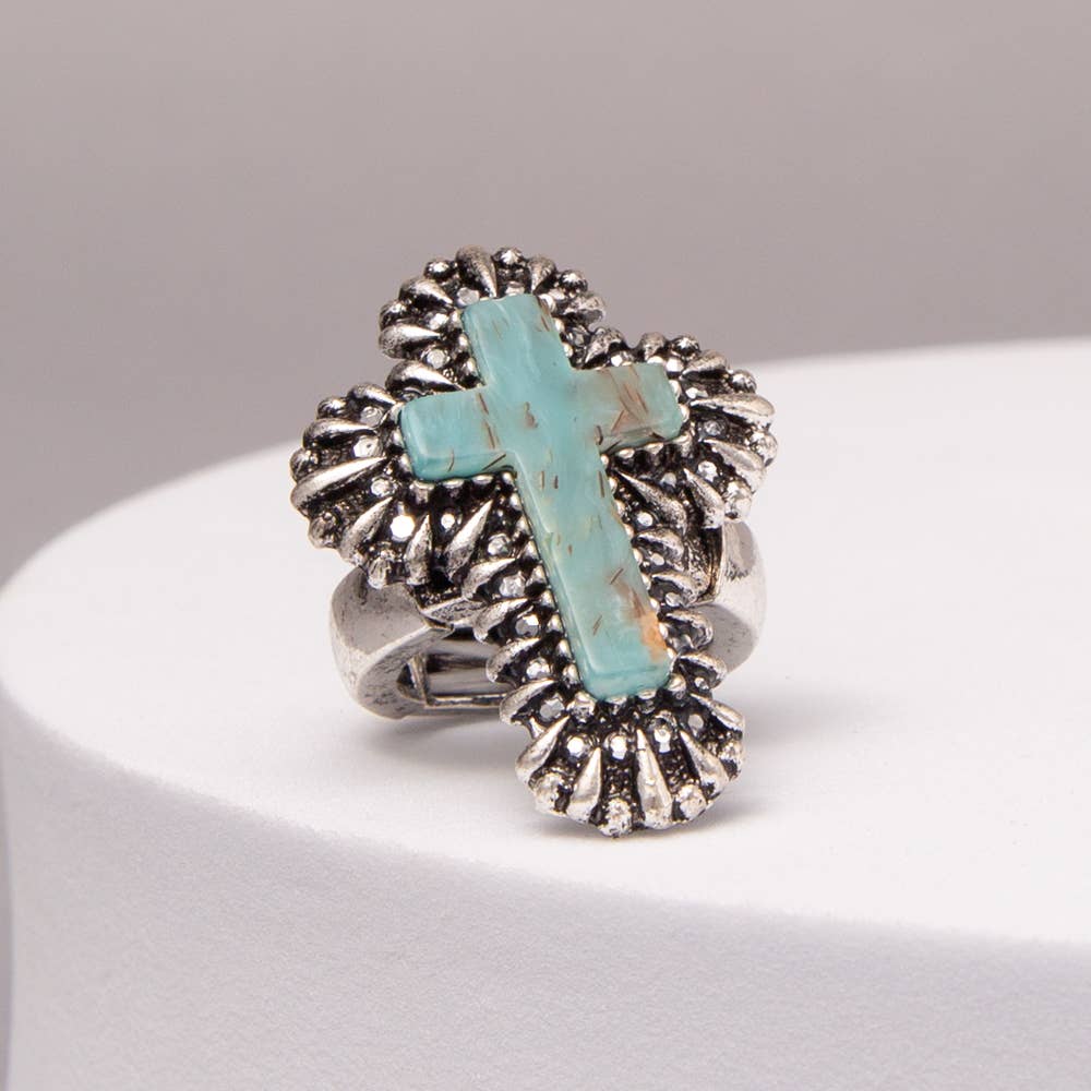 Western Turquoise Cross Stretch Ring with Decorative Frame