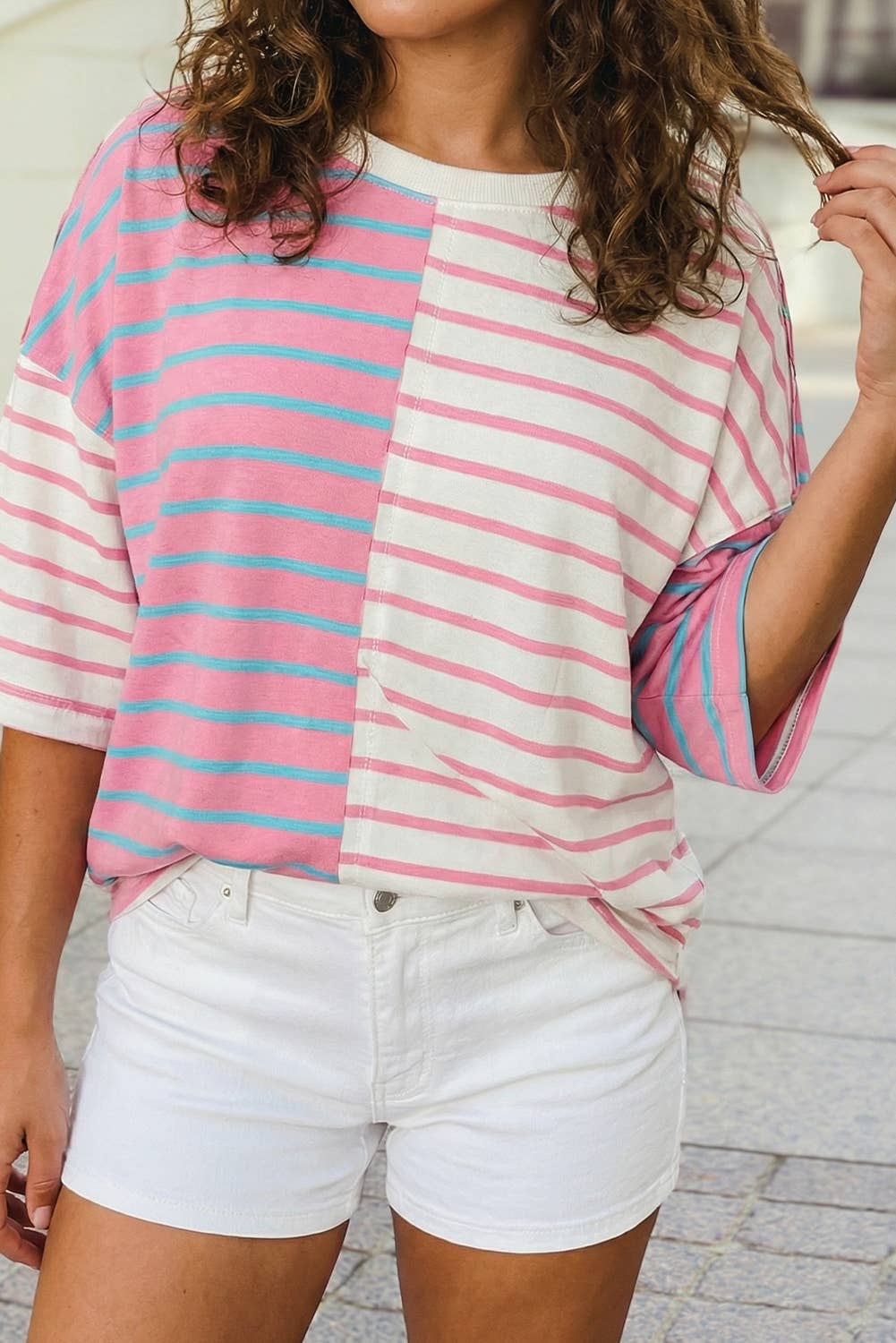 Colorblock 3/4 Sleeve Loose T Shirt