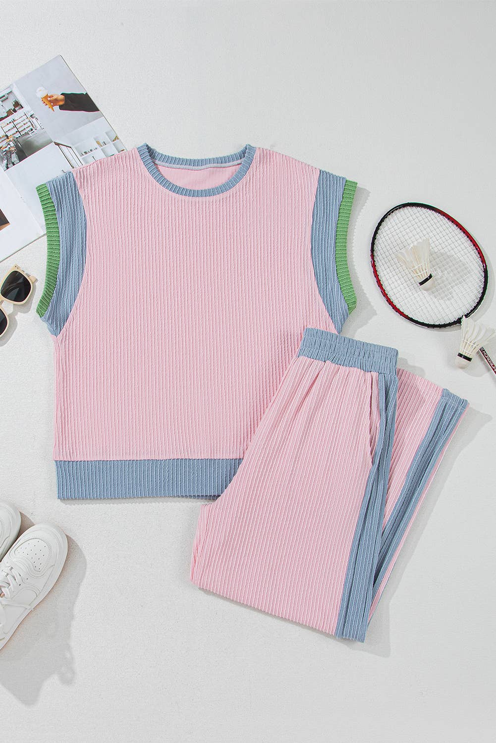 Colorblock Patchwork Short Sleeve Top and Wide Leg Pants