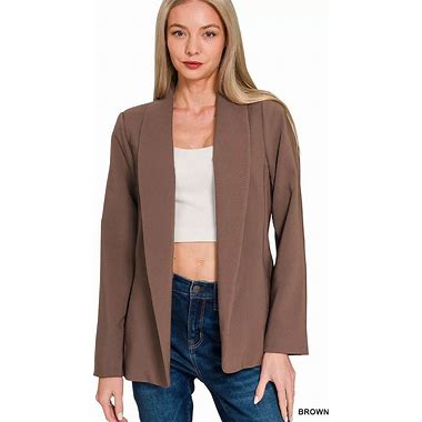 Zenana Woven 3/4 Ruched Sleeve Open Front Classic Blazer