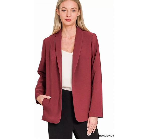 Zenana Woven 3/4 Ruched Sleeve Open Front Classic Blazer