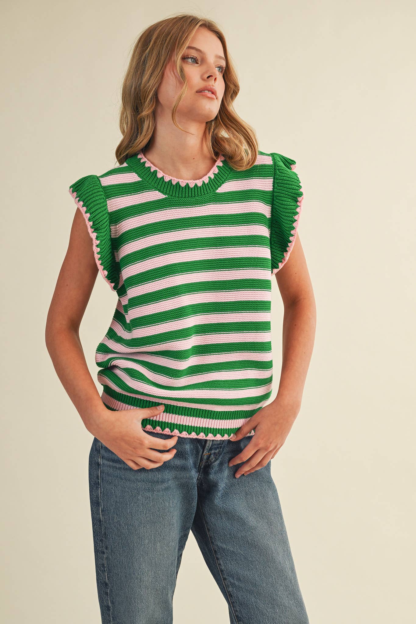STRIPED FLUTTER SLEEVE SWEATER TOP