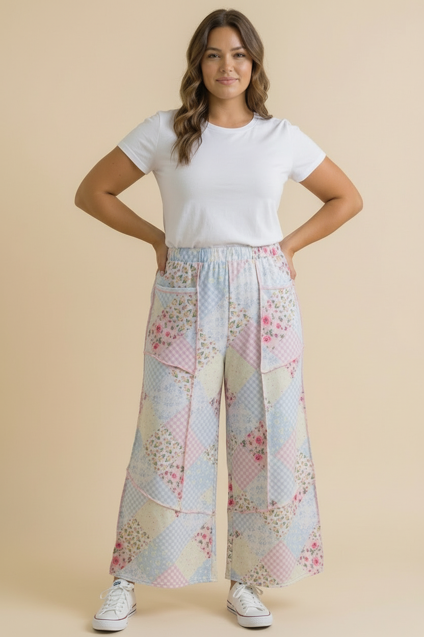 Plus Floral Patchwork Reverse Stitch Wide Leg Pant