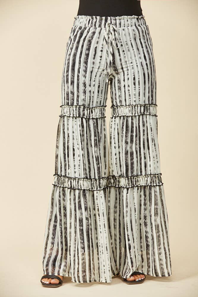 CHIFFON STRIPE PRINT TIERED PALAZZO PANTS