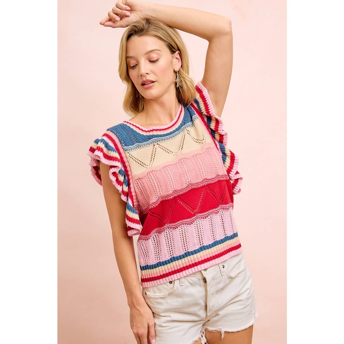4TH OF JULY THEME MULTI COLORS RUFFLED SLEEVES TOP
