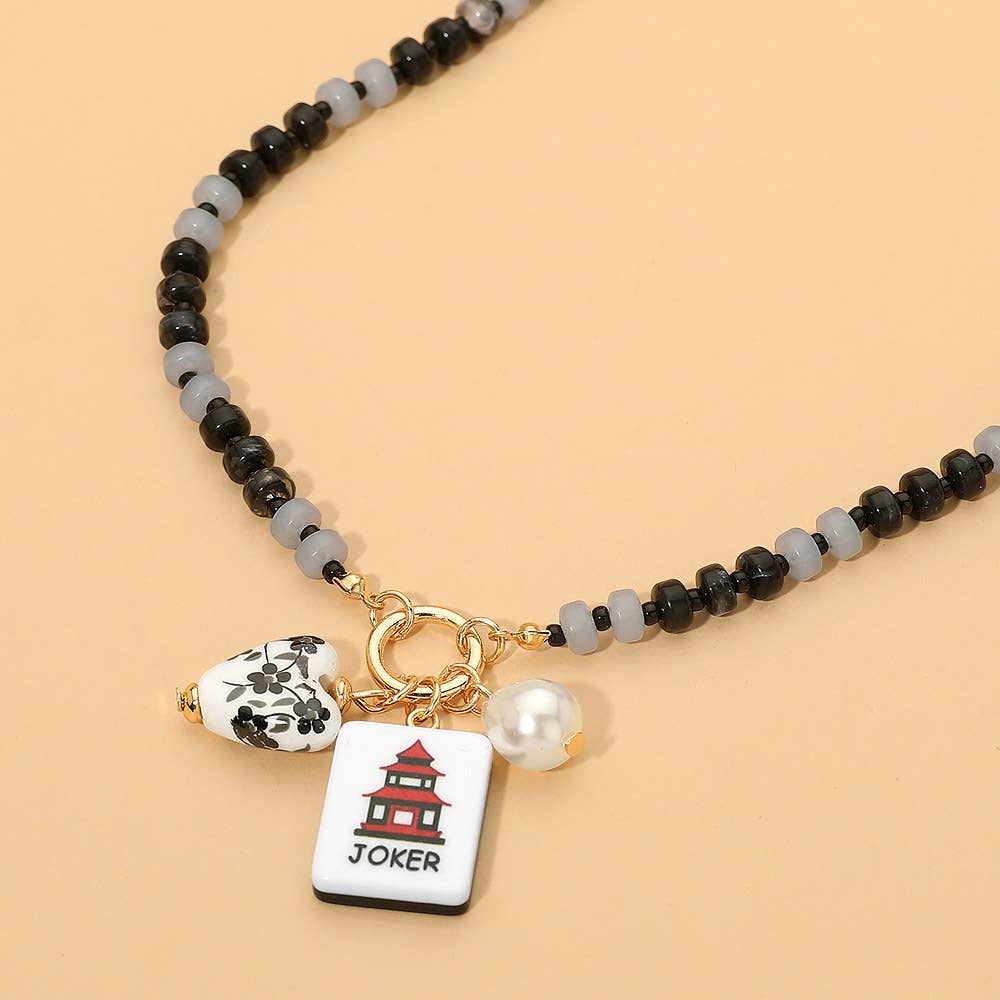 Mahjong Tile Charm Pearl Floral Bead Ball Charm Pendant Beaded Necklace