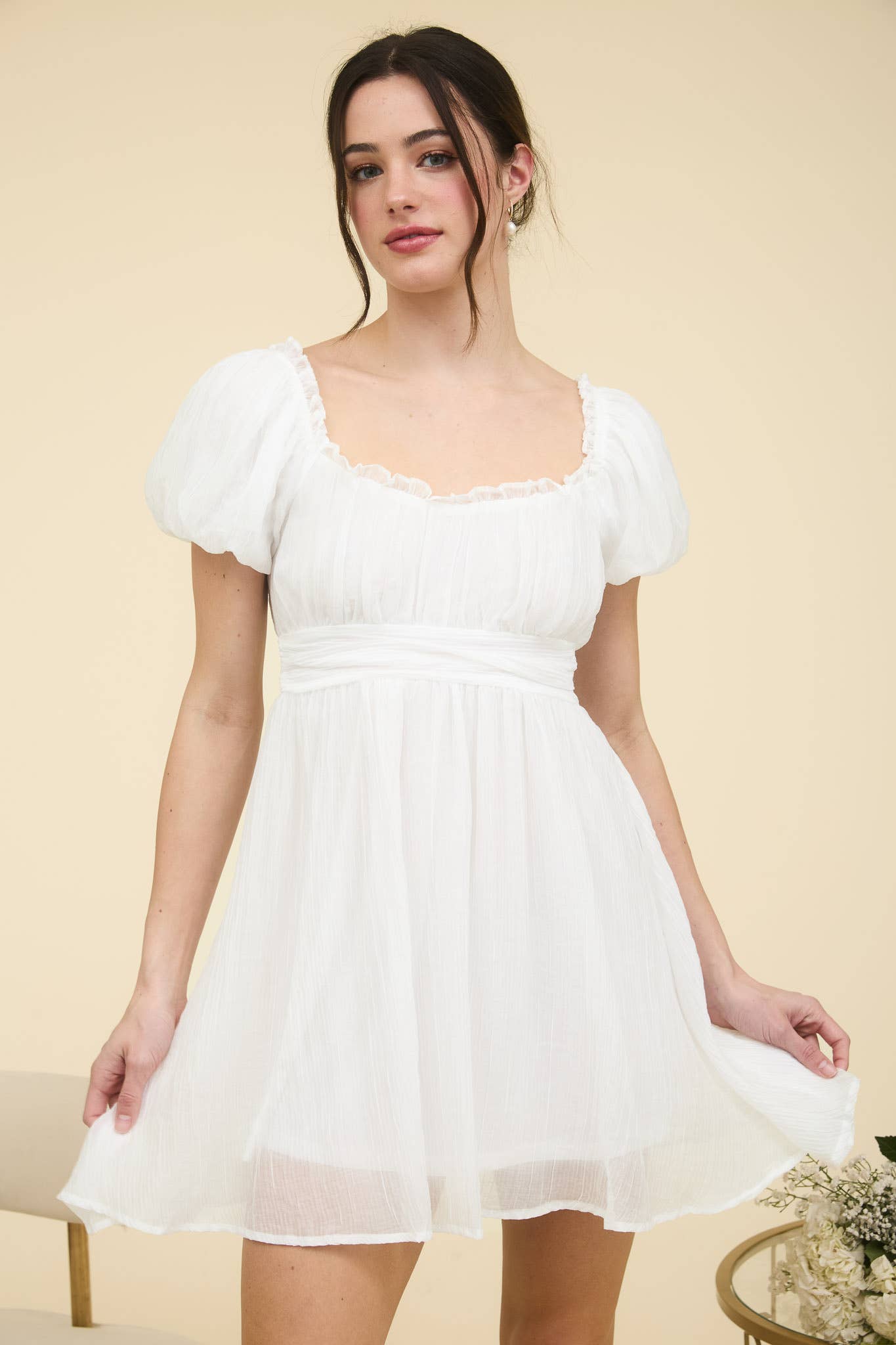 BALLOON SLEEVE RUFFLE TRIM BACK LACE UP MINI DRESS