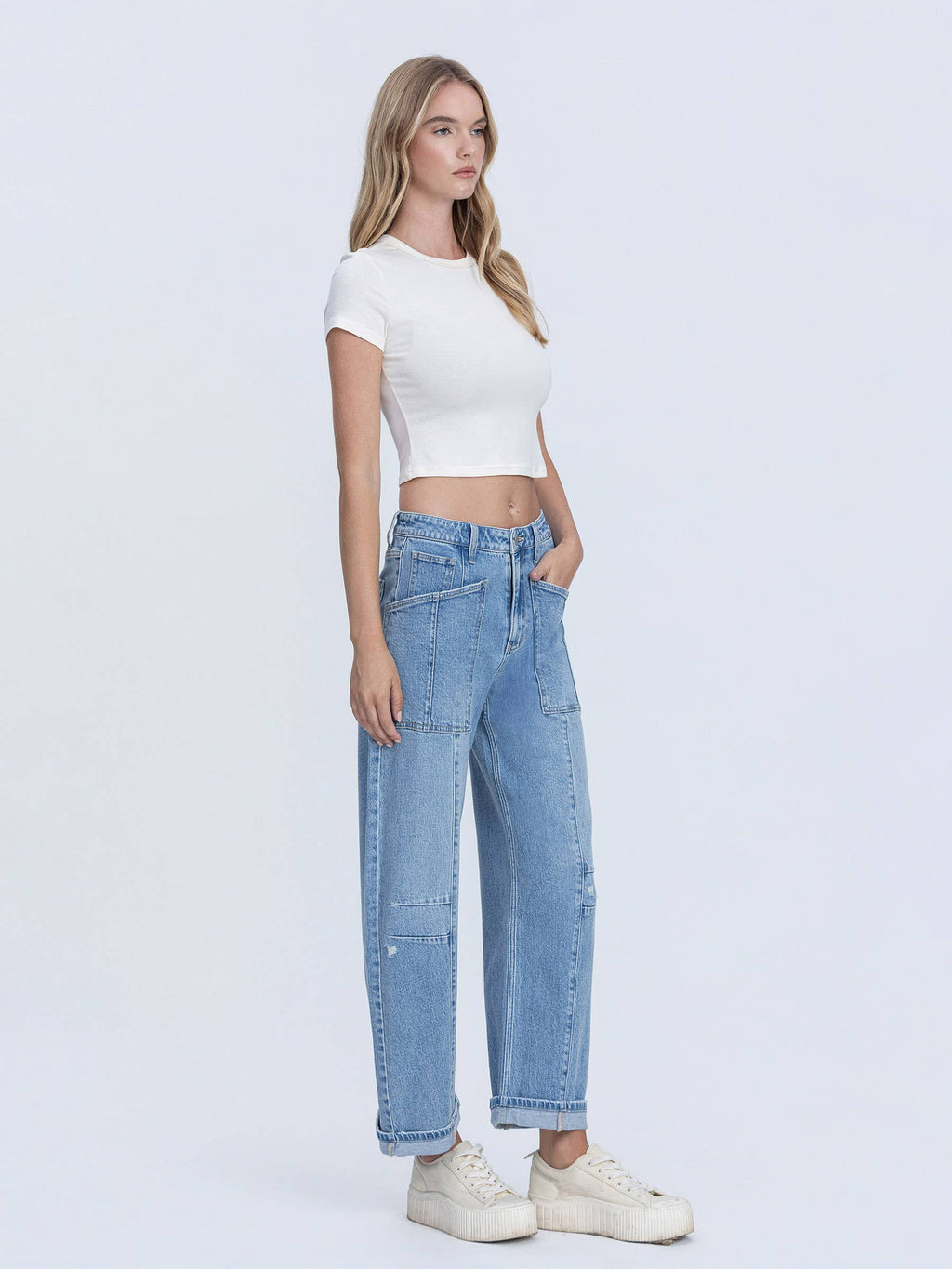 SUPER HIGH RISE PATCH POCKET CUFFED BARREL JEANS F9134