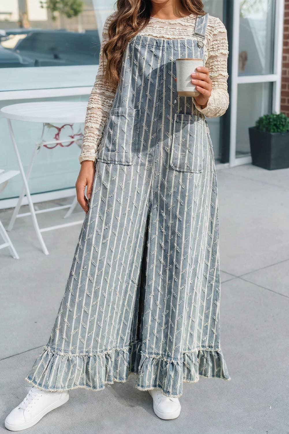 Striped Distressed Ruffled Wide Leg Denim Overalls