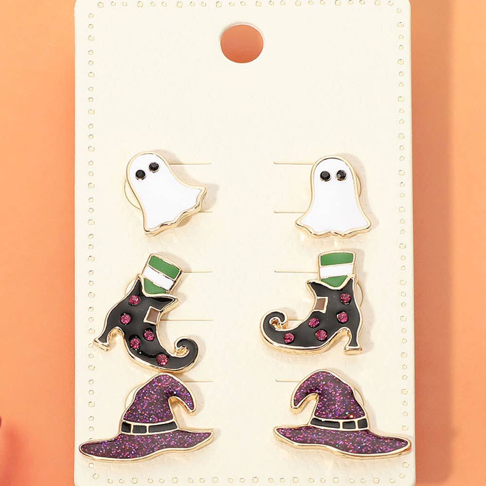 3Pairs - Halloween Ghost Witch Boot Hat Stud Earring Set
