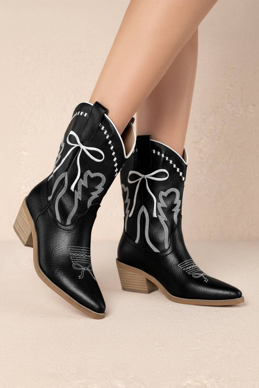 ZETA RIBBON EMBROIDERY WESTERN ANKLE BOOTS