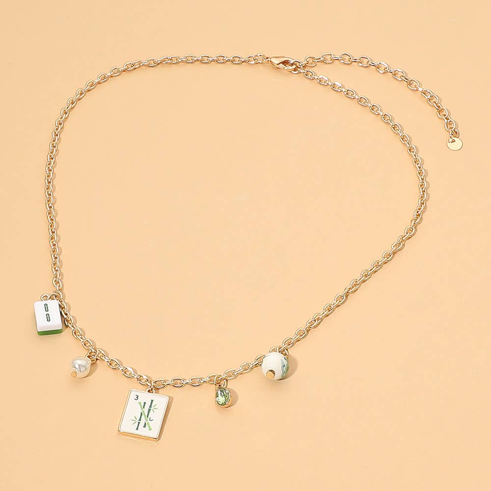 Mahjong Tile Pearl Stone Charm Necklace