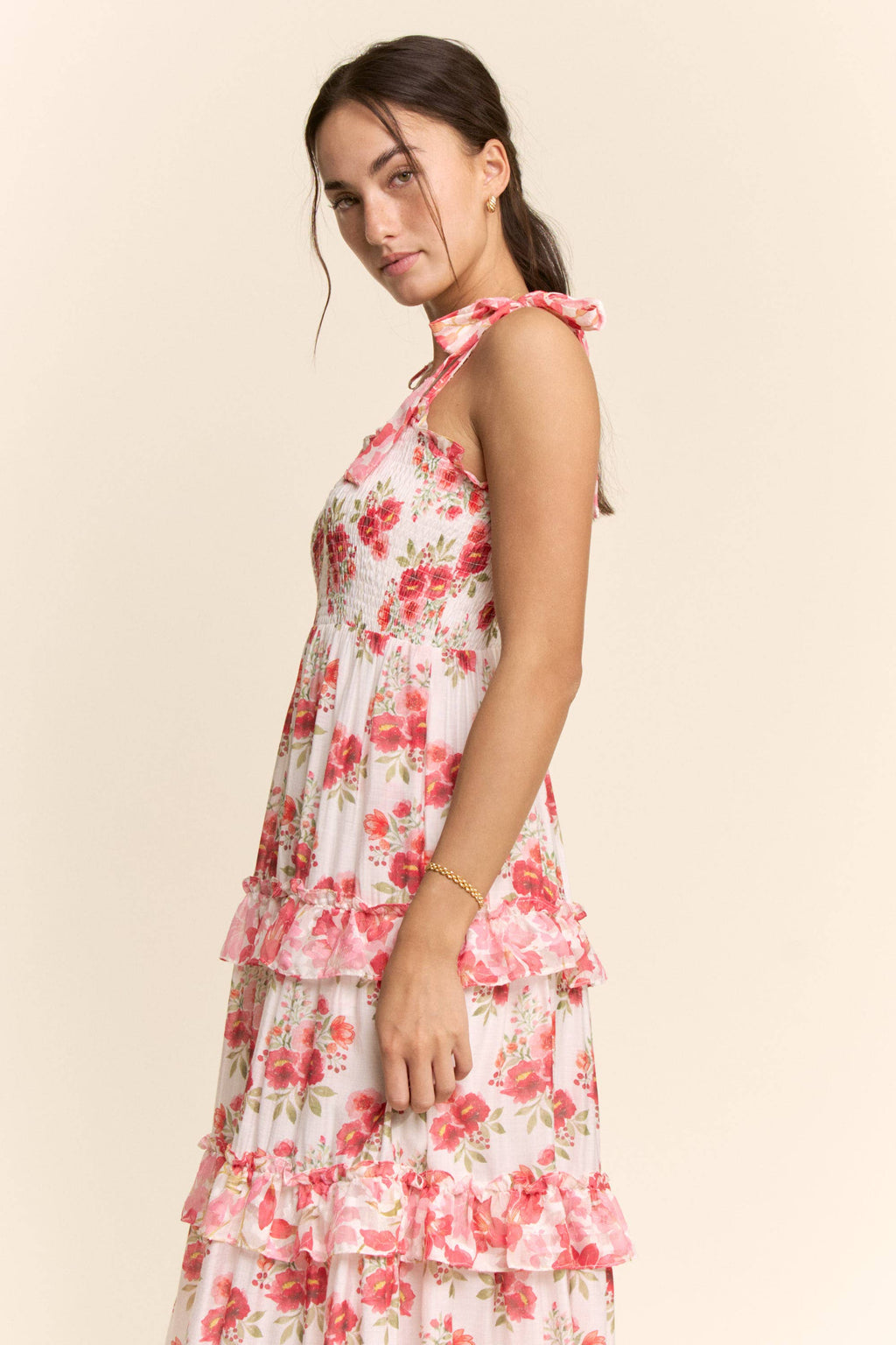 GARDEN FLORAL RUFFLE SMOCK SHOULDER MIDI DRESS