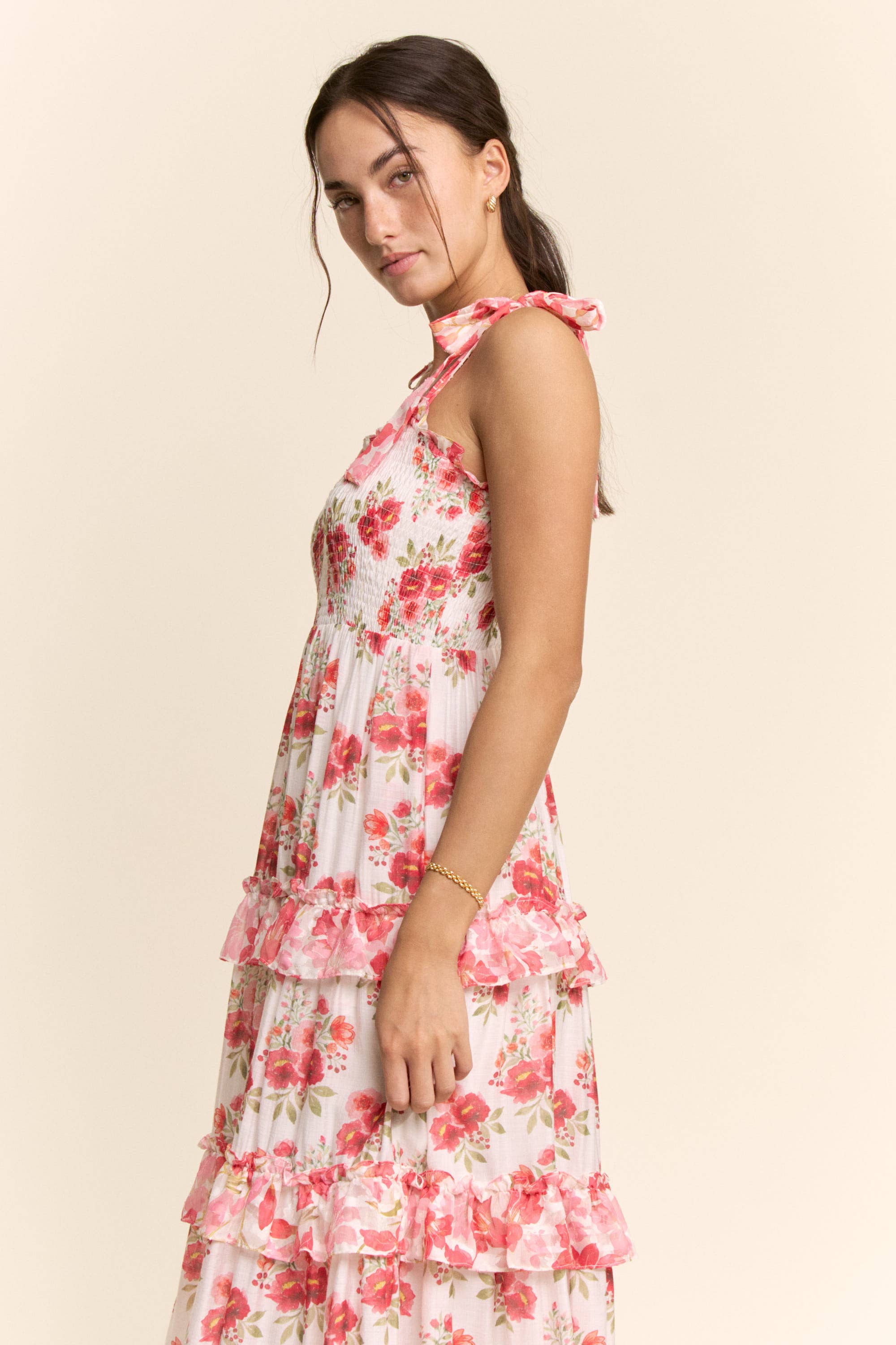 GARDEN FLORAL RUFFLE SMOCK SHOULDER MIDI DRESS