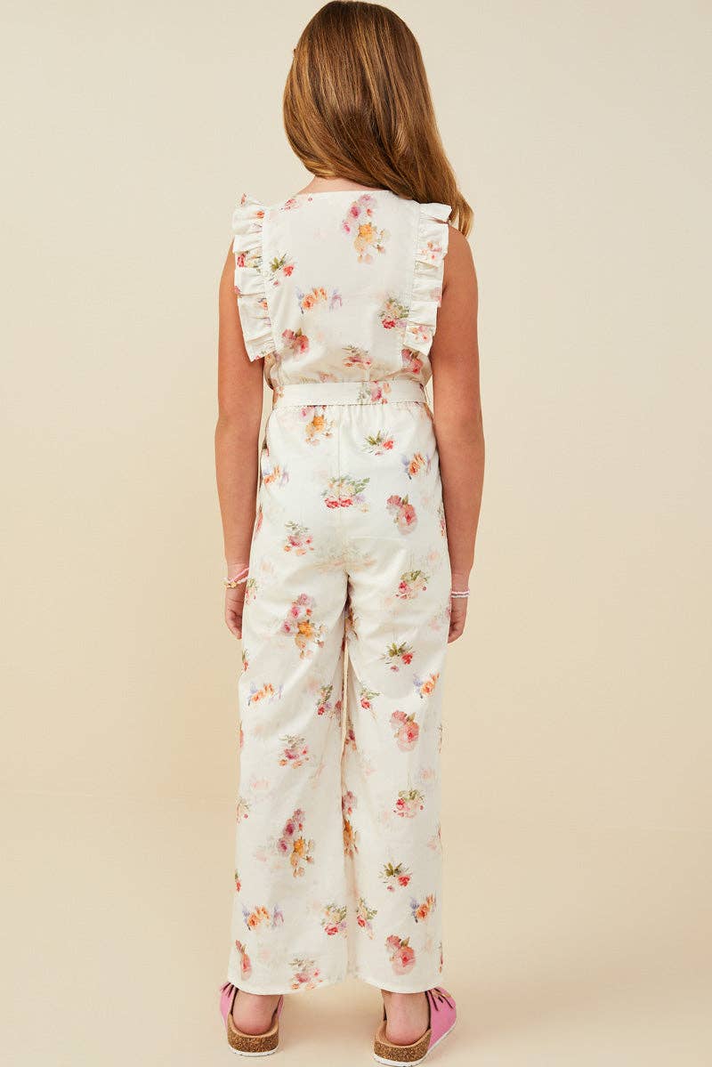 Girls Romantic Floral Belted Sleeveless Jumpsuit