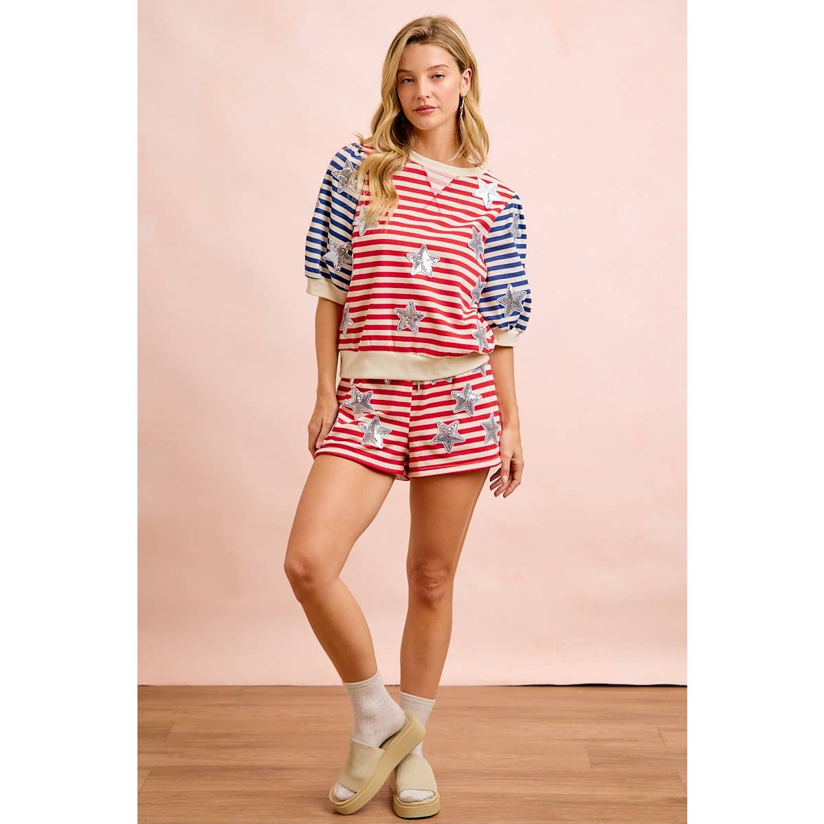 4TH OF JULY STRIPE STAR SEQUIN PATCH SHORT SLEEVES TOP